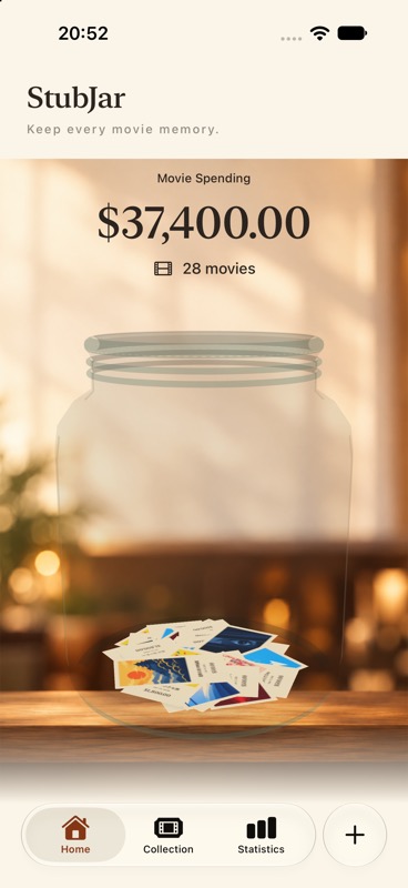 App home screen with movie tickets collected in a glass jar